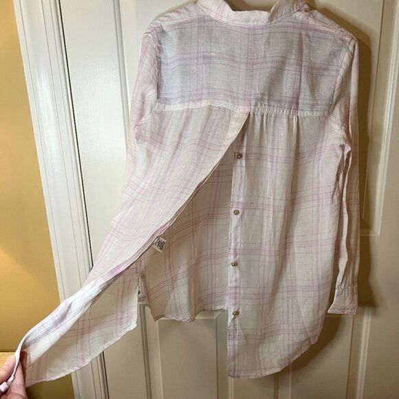 NWOT Free People No Limits White Lavender Plaid Linen Top Shirt Size XS Oversize - Picture 5 of 6